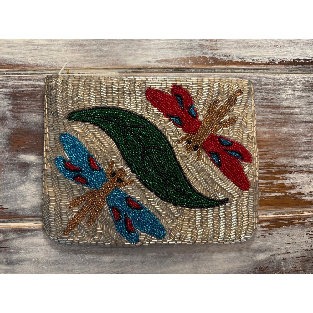 Decorative Beaded Pouch Dragonfly and Leaf